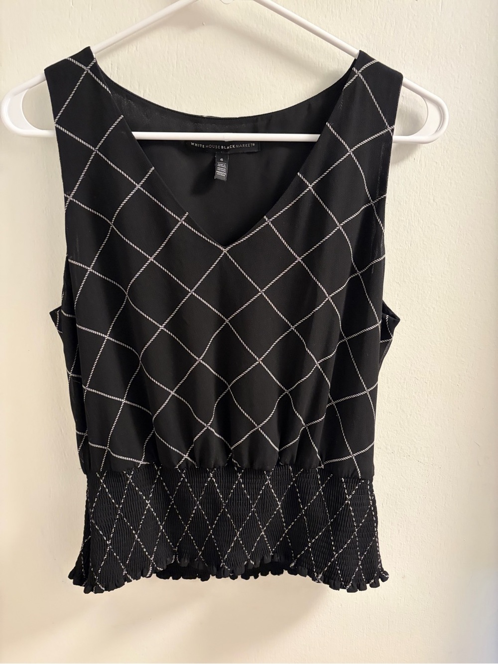 White House Black Market Black Sleeveless V-Neck Windowpane Blouse